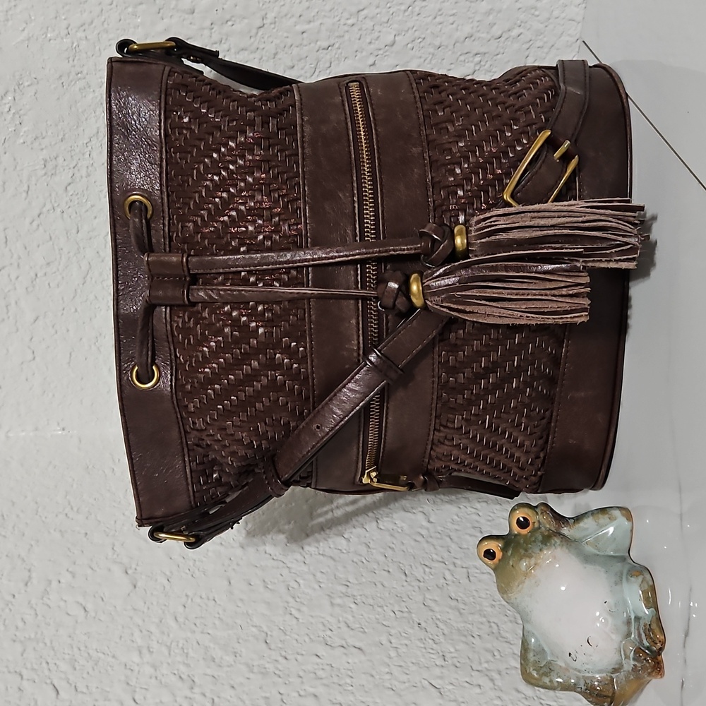 Elliott Lucca Medium Size Woven Metallic Leather Crossbody Shoulder Bag